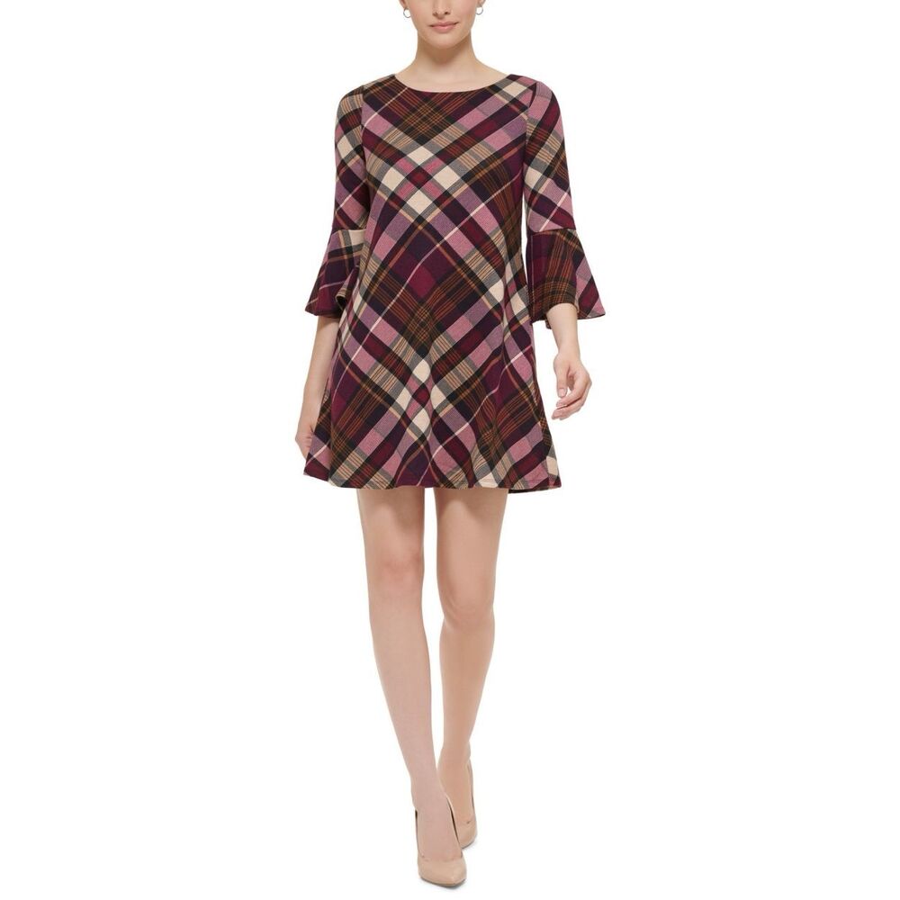 Petites Womens Plaid Bell Sleeves‎ Shift Dress Size PL